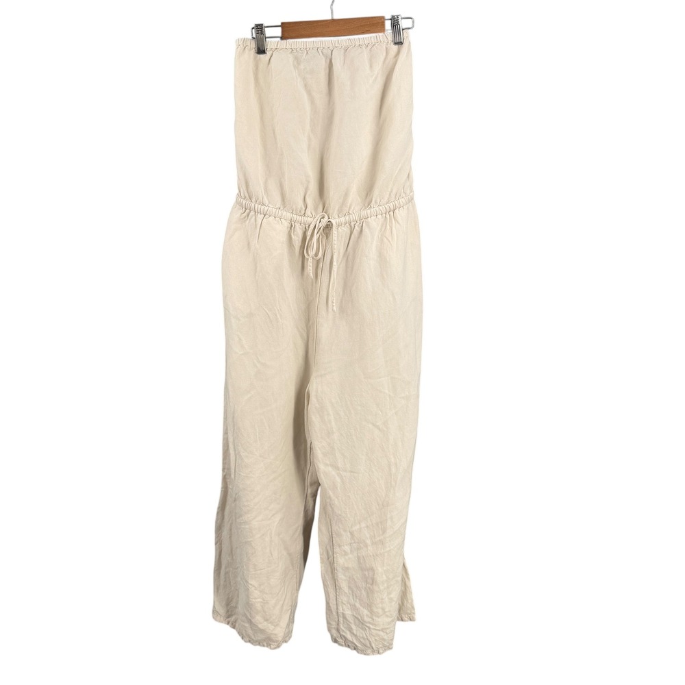 Express Jumpsuit Cream Beige Linen Blend Strapless Wide Leg Lightweight Size XL